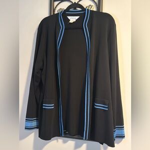 Misook Black Irradescent Blue Trim Open Front Cardigan